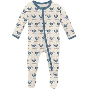 KicKee Print Footie with 2 Way Zipper, Fitted Long Sleeve Pajamas, Ultra Soft Everyday One-Piece Loungewear, Winter Celebration (Natural Ski Birds - 9-12 Months)