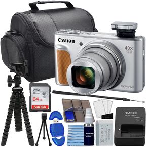 Canon PowerShot SX740 HS Digital Camera (Silver) Bundle with SanDisk 64GB Memory Card, 12"" Flex Tripod, High Speed Card Reader + Photo Kit (20 Items), Black (Renewed)