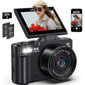 5K Digital Camera for Photography, 75MP WiFi Vlogging Camera for YouTube with 3" 180° Flip Screen, 18X Zoom UHD Autofocus Video Camara with 32GB SD Card, 2 Batteries