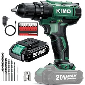 KIMO 20V Cordless Drill Set with 2.0Ah Battery, Max 350 In-lb Torque, 1350 RPM, 3/8" Keyless Chuck, 18+2 Clutch Setting, 18pcs Accessories, Power Drill for Drilling Wood Bricks Walls Metal