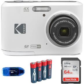 KODAK Pixpro FZ45 Digital Camera Bundle, Includes: SanDisk 64GB SDXC Memory Card, Spare Batteries and Card Reader (4 Items) (White)