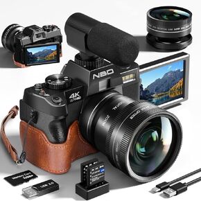 NBD 4K 48MP Digital Cameras for Photography Vlogging Video Camera Autofocus with 16X Zoom, Wi-Fi, Wide Angle & Macro Lens Vlog Camera with 32GB SD Card, Mic, Detachable Leather Case (Black)
