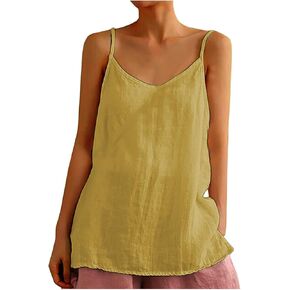 Cotton Linen Tank Tops for Women Spaghetti Strap Casual Sleeveless Summer T Shirts Comfy Breathable Loose Blouse