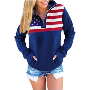 iQKA Women 4th of July USA Flag Print Long Sleeve Lapel Collar 1/4 Zip Up Casual Pullover Shirt Tops with Pocket