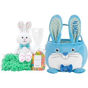 Let's Make Memories Personalized Easter Basket for Kids - Plush Furry Critter - For Boys and Girls - Custom Name - Fillable - With Optional Easter Basket Stuffers - Pink Bunny