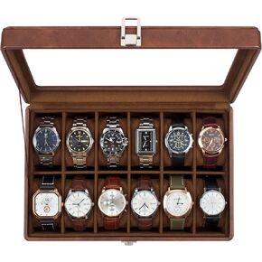 GUKA Watch Box, 12 Slot Watch Case with Large Real Glass Lid, Watch Organizer with Removable Watch Pillow, Black Synthetic Leather Watch Display, Black in Saudi Arabia