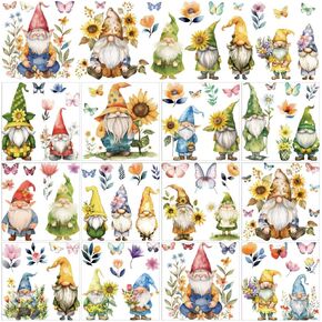 AHANDMAKER 12 Sheets Enchanting Gnome Rub On Transfer Stickers, Colorful Decor Featuring Floral Designs for Spring Playful Window Home, Classroom, School & Party Decoration Needs, 5.5 x 5.5 Inch