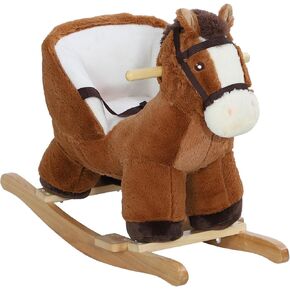 Qaba Baby Rocking Horse, Plush Animal Rocker with Sound, Wooden Base, & Safety Belt for Ages 18-36 Months, Brown