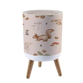 Trash Can with Lid Cute Forest Animals Seamless Characters Cartoon Style for Kids Press Top Round Small Garbage Bin with Wooden Legs Waste Basket for Kitchen Bedroom Nursery 7L/1.8 Gallon