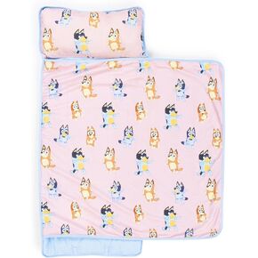 Jay Franco Toddler Nap Mat with Built-in Pillow and Blanket - Soft 46 x 20-inch Microfiber Kids Sleeping Bag for School or Sleepover, Pink - Bluey & Bingo