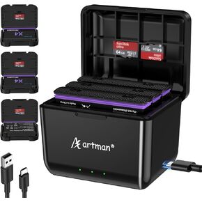 Artman 3-Pack 360 X4 Battery for Insta 360 X4, 2500mAh 360 X4 Batteries and 3-Channel USB-C Fast Charger, Portable and Compatible with Insta 360 X4 Action Camera, with Misro SD Card Slots
