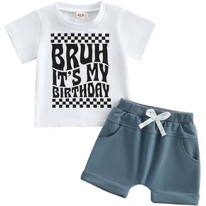 Kupretty Toddler Baby Boy Birthday Outfit Short Sleeve Letter T-Shirt Shirts + Solid Shorts Summer Clothes