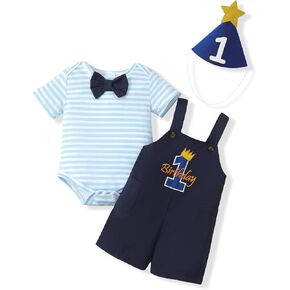 NZRVAWS Baby Boy 1st Birthday Clothes Stripe Romper Shorts Summer Outfits Overal Clothing 1T Set 6 12 18 Months