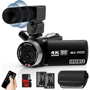 Video Camera Camcorder Full HD 4K 60FPS 48MP Vlogging Camera for YouTube Digital Camera Recorder 18X Zoom Camcorders with 3.0" Touch Screen,2 Batteries and 32G SD Card
