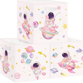 Clastyle Pink Cosmic Space Rocket Kid Storage Basket Set Astronaut Star Foldable Closet Clothes Organizer Nursery Toddler Toy Bin Girl Book Shelf Basket