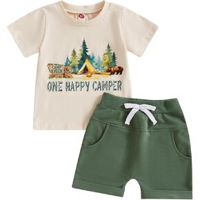 Baby Boy First Birthday Outfit Short Sleeve One Happy Camper T-Shirt Solid Shorts Set Infant Summer Cake Smash Clothes
