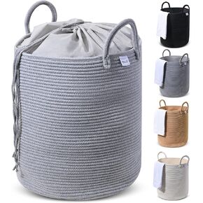 Gray Cotton Laundry Basket with Dust Cover - Aesthetic Room Decor for Nursery, Bathroom, Bedroom - Collapsible Laundry Hamper for Clothes, Toys, Blankets - Boho Room Decor, 14"x14"x17