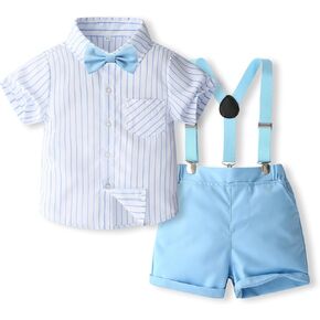 Toddler Baby Boy Gentleman Outfit Button Down Shirt with Suspender Shorts Summer Formal Clothes