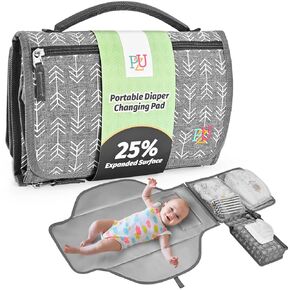 Portable Changing Pad for Baby - Foldable Travel Diaper Mat with Wipes Pocket - Compact Portable Station for Diaper Bag,Car Seat, or Stroller - On-The-Go Baby Changing Essential (Grey Arrows)