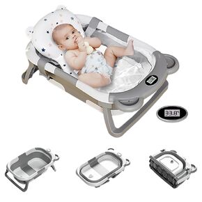 Baby Bath Tub Bear, Foldable Bathtub with Integrated Thermometer, Childrens Shower Bath Tubs for Toddler 0-15 Months