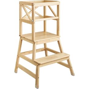 Toddler Tower,Kitchen Step Stool with CPC Certification,Sliding Anti-Fall Safety Bar,Solid Wood Kid Kitchen Stool for 18 Months to 3 Years Old(Natural)