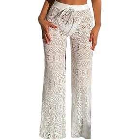 Women Swimsuit Cover Up Summer Beach Hollow Out Drawstring Waist Cover Up Pants