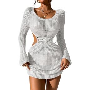 Women Swimsuit Cover Up Cutout Drawstring Side Cover Up Dress,Summer Beach
