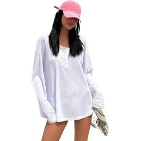 Women Swimsuit Cover Up Solid Button Drop Shoulder Cover Up Summer