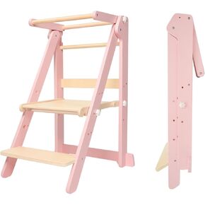 Foldable Toddler Learning Standing Tower, WOOD CITY Montessori Kitchen Step Stool Helper with 3 Adjustable Heights Learning Kitchen Tower for Counter and Bathroom Sink (White)