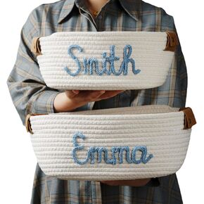 JUPPE Custom Baby Shower Basket, Personzlized Baby Name Basket, Toys and Storage Organizer Custom Baby Boy Girl Gift Cotton Rope Basket Nursery Decor Newborn Gifts (style 1), White
