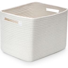 Shelf Woven Storage Basket, Closet Rope Baskets For Organizing, 15 x 9.8 x 9.1" Square Bins with Handles, White+Rice Brown 1 Pack