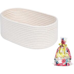 CubesLand Empty Gift Basket,Small Woven Storage Basket,Shelf Closet Basket Bin,Baby Toy Cute Basket for Organizing,Halloween Basket,Christmas Basket,Easter Basket（Cello Bag+White Basket+ Ribbon）
