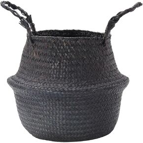 Handmade Black Woven Seagrass Basket Storage Basket with Handles Plant Pot for Home Decor (34x28cm/13.39x11.02in)