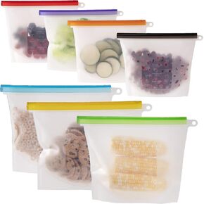 WeeSprout 100% Silicone Reusable Food Storage Bags | Set of 7 Leakproof & Airtight Pouches (Four 4 Cup Bags and Three 6 Cup) | Freezer & Microwave Safe | Dishwasher Safe | for Lunches and Snacks