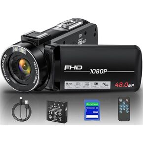 Video Camera Camcorder, Full HD 1080P Camcorder 48MP 16X Digital Video Camera for YouTube, 3.0 Inch IPS Screen Vlogging Camera Recorder with Remote Control, 32GB Card and Battery