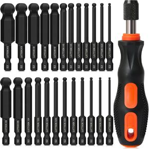 Ball End Hex Head Allen Wrench Drill Bit Set with T Handle Ratchet Driver, LATTOOK Ball End Hex Bit Set Allen Key Bit Set with T Handle, Magnetic S2 Steel, 24PCS Metric & SAE