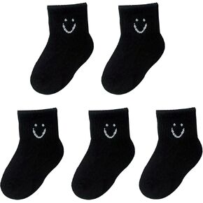 Toddler Boys Girls Crew Socks, Smiley Face Unisex Kids Soft Cotton Solid Color Dress Ankle Socks, Pack of 5