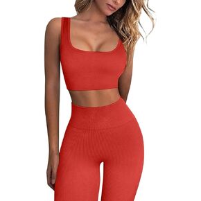 Biker Short Sets Women 2 Piece Outfits Seamless Bra Padded Square Neck Crop Tank Tops and and Butt Lifting Leggings