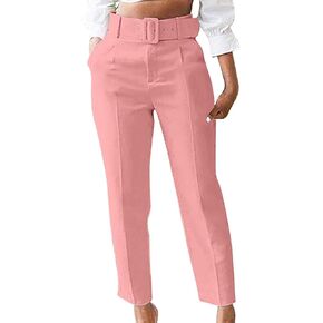 Women's Straight Belted High-Waisted Trousers Casual Stretch Slim Fit Suit Pants Business Work Office Long Pant