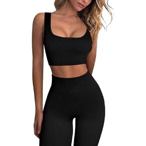 Ribbed Workout Sets for Women 2 Piece Set Leggings Ribbed Square Neck Crop Tank Tops and Butt Lifting Yoga Leggings
