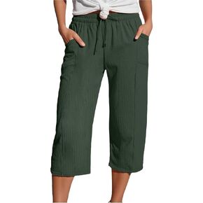 Women's Open Bottom Cotton Linen Capri Pants Wide Leg Casual Knee Palazzo Pant Loose Fit Drawstring Sweatpants in Saudi Arabia