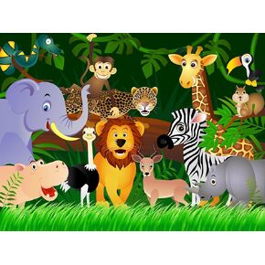 Cartoon Jungle Animals Wall Mural Non-Woven Photo Wallpaper Made in Europe for Kids Bedroom Playroom, 11'10"(H) x 8'10"(V) (360x270 cm)