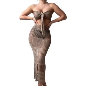 Women Swimsuit Cover Up Beach Hollow Knit Tie-Front Beach Cover Up