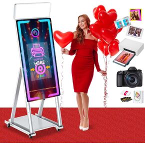 Mirror Photo Booth 45in with 22" Portable Touch Screen, Fast Printing, Built-in Lighting,Professional Mirror Photo Booth for Wedding Parties and Business (White+Camera+Printer, 45-22in)