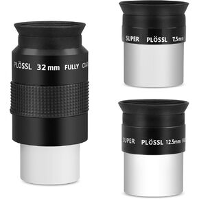 Astromania Telescope Eyepiece Set 1.25 Inch Super Plossl Eyepiece Set 7.5mm 12.5mm 32mm, 5 Element Fully Multi Coated Metal 52 Degree Apparent Field, Telescope Accessory Set for Astronomy Telescope