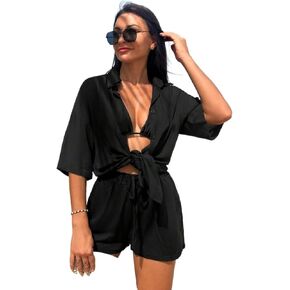 Women Swimsuit Cover Up Summer Beach Solid Button Front Cover Up Set