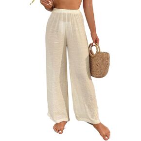 Women Swimsuit Cover Up Summer Beach Solid Elastic Waist Cover Up Pants
