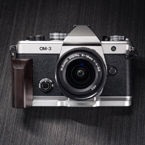 Handmade Wooden Handle Grip L Plate Alloy Base for OM System OM-3 Camera (Ebony + Silver Base)
