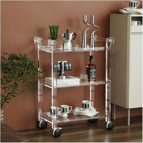 Acrylic Side Table, 3-Tier Clear End Table with Wheels, Home Kitchen Living Room Decor Sofa Coffee Table, Bedroom Nightstands/Snack Table, Bar Serving Cart