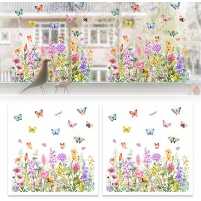 Colorful Floral Bouquet Window Sticker, 2025 Floral Pattern Window Sticker Removable Static Adhesive Stained Glass, Upgrade Reusable Double-Sided Vibrant Decals for Home Office Decor (1, Floral)